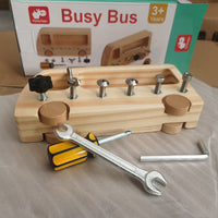 Wooden Busy Bus Toy- Montessori Screw Driver Board Nuts Bolts